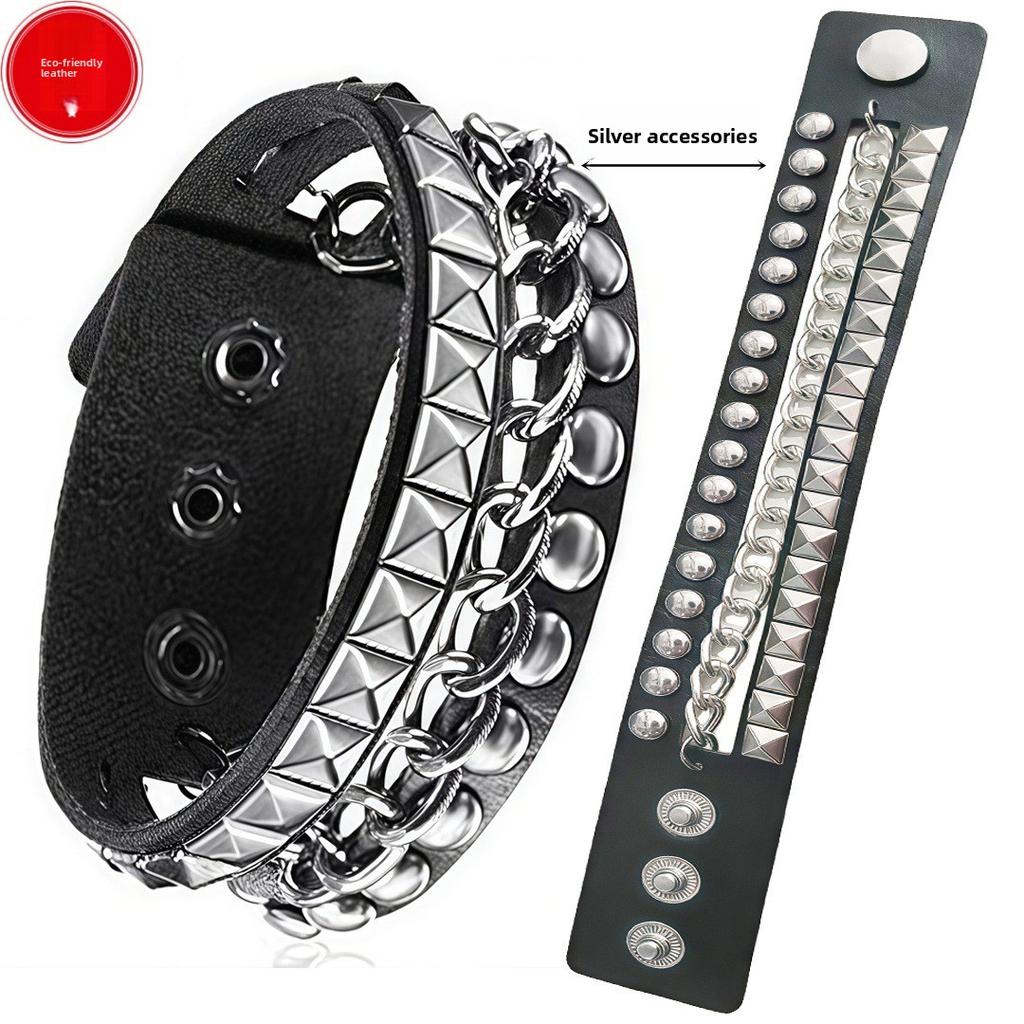 PU Leather European and American Punk Bracelet Dark Black Square Rivet Bracelet Non-mainstream Iron Chain Multi-layer Bracelet