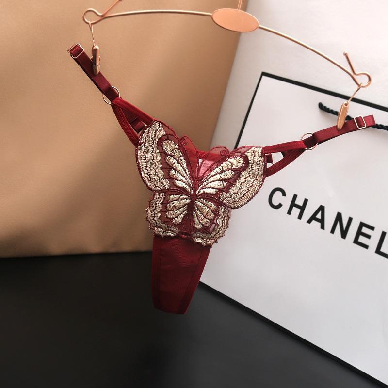 New Sexy Transparent Lace Underwear with Female Charm, Butterfly Embroidery, Low Waist Adjustable, Hot European and American Tho