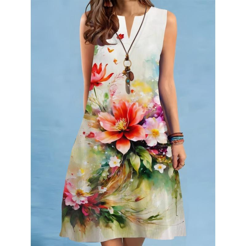 New Summer Beach Floral Print Dress For Women Casual Sexy Sleeveless V-neck Loose Mini Dress Elegant Short Dress Vestido