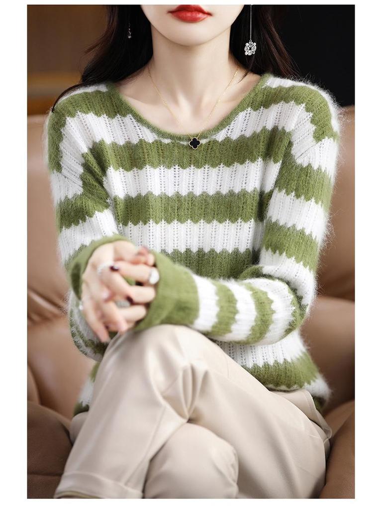 2025 Autumn/Winter Women's Mink Cashmere Color Block Round Neck Sweater – Hollow Out, Warm, Loose Fit