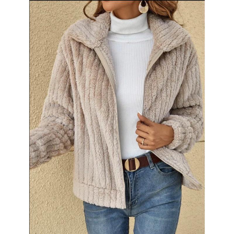 2024 Autumn/Winter Women's Ribbed Plush Lapel Cardigan Jacket