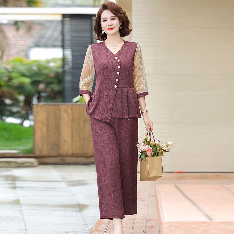 Chic Summer Two-Piece Set: Trendy Mid-Sleeve Shirt & Pants for Middle-Aged Women