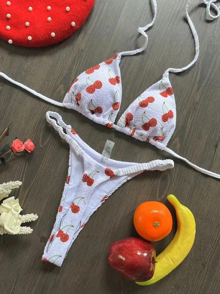 2025 Brazilian Bikini Women Suit, Beach Fashion, Sexy Thong Swimsuit, Cute Cherry Print