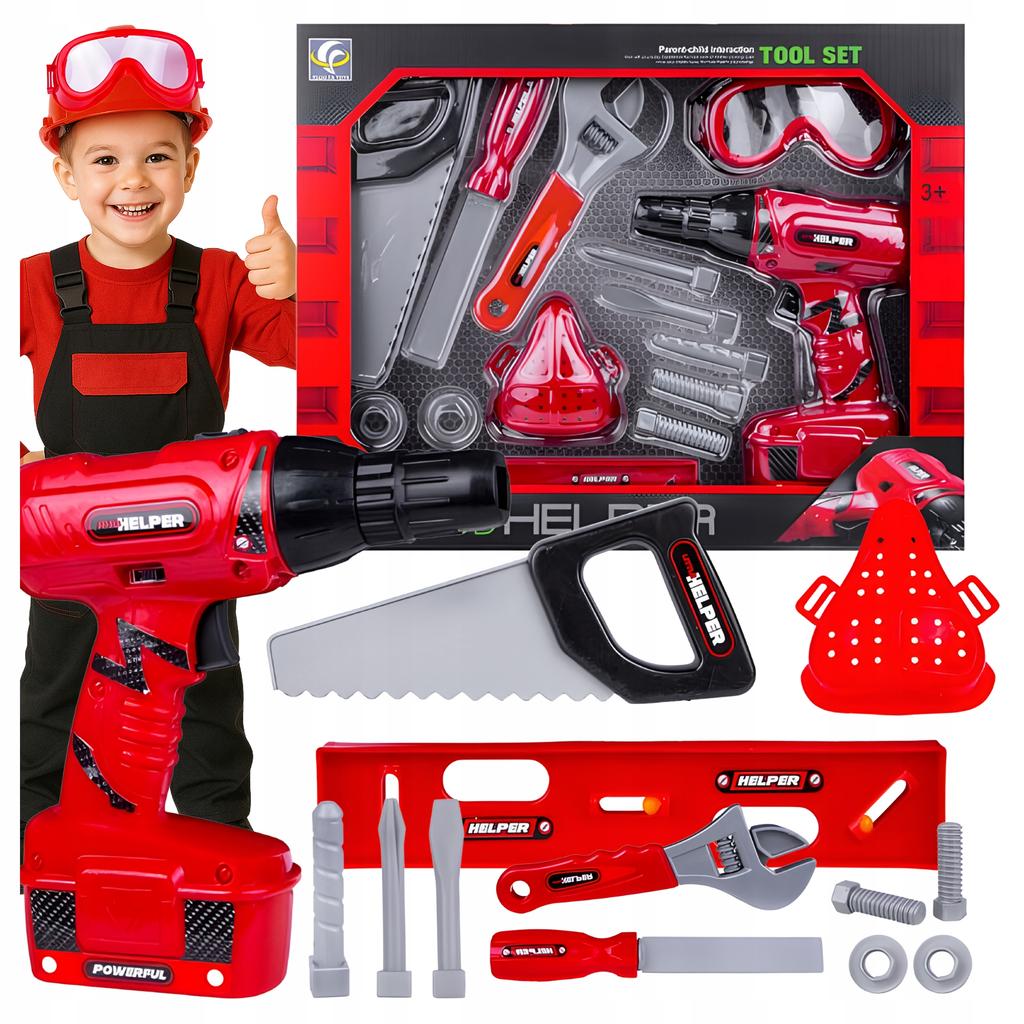 TOOL SET for CHILDREN set of 14 pieces SCREWDRIVER GOGGLES red