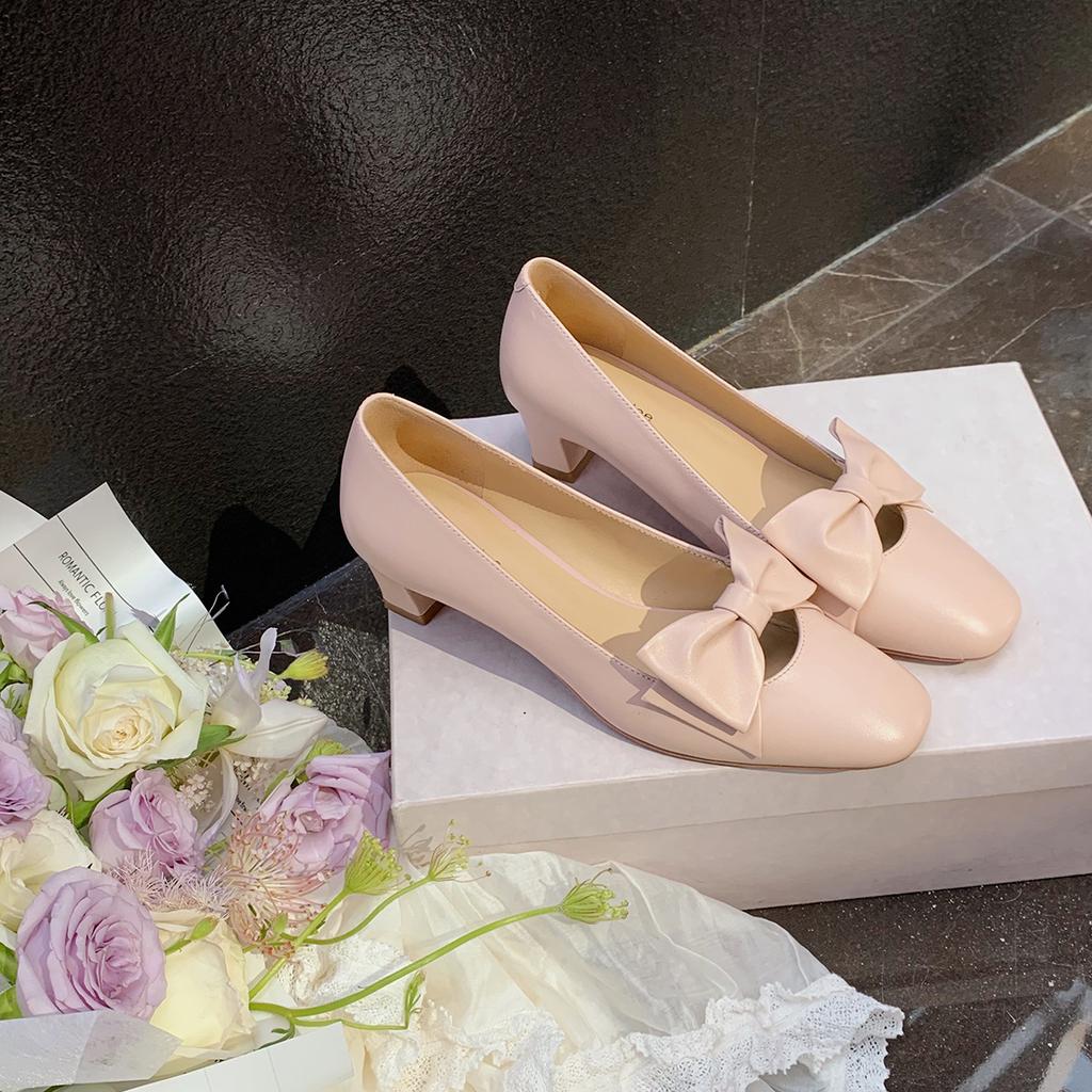 The same grape mother elegant bow square round head versatile commuting light mouth single shoes lazy one pedal high heels women