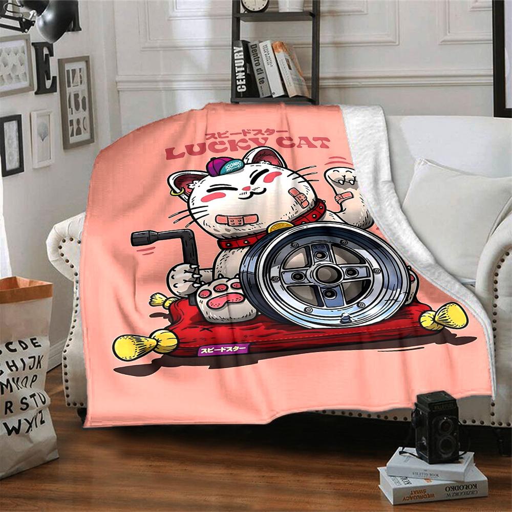 1pc LUCKY CAT Soft Flannel All Season Throw for Home, Office, Outdoor UseDurable Comfort Soft Warm Throw for Home