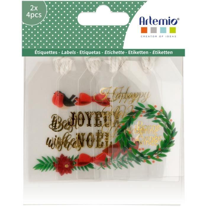 Étiquettes cadeaux - ARTEMIO - Joyeux Noël - transparentes - lot de 8 - 4,5 x 7,5 cm