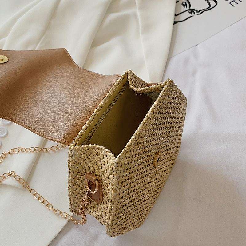 Summer Straw Bag Women Hexagon Chain Crossbody Bag Handmade Weaven Shoulder Bag Fashion Tassel Messenger Bag
