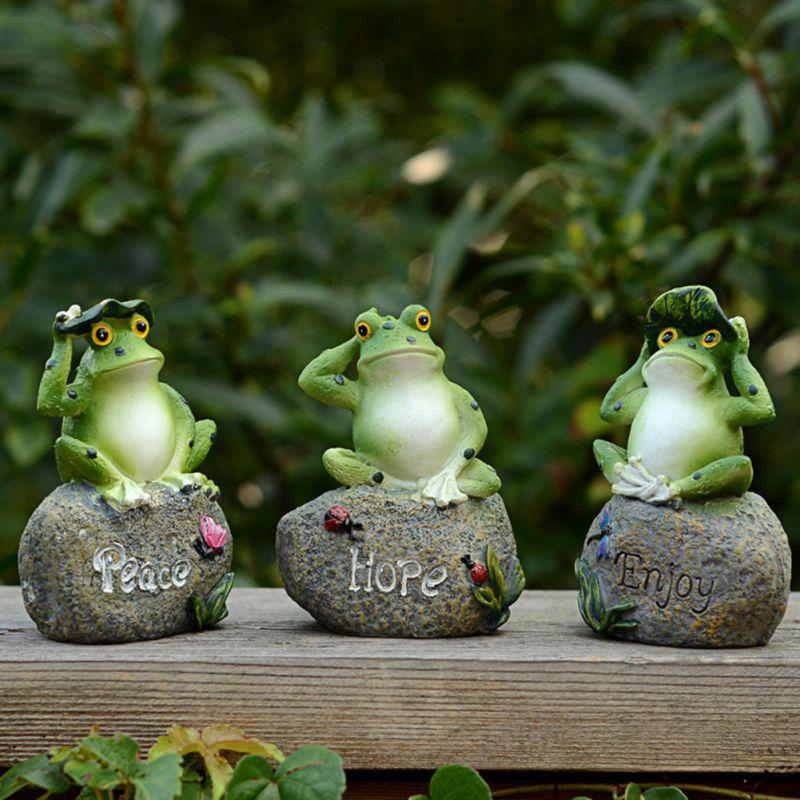 3pcs/set Frogs Statues Sitting on Stone Sculptures Mini Yard Frogs Stone Ornaments Turquoise Home Decor Accessories Resins