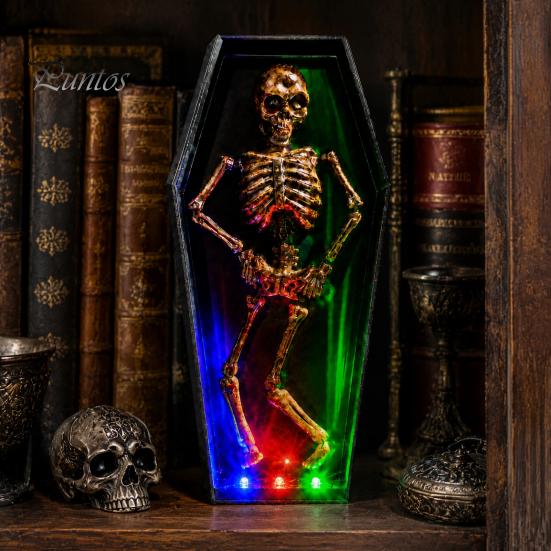 Colorful LED Halloween Light Dancing Skeleton in Casket, Up Musical Toy with Lights, Spooky Animated Decor, Party Haunted House Props Retro Ornament
