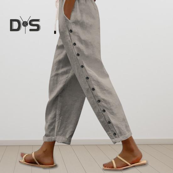 

Женские повседневные брюки, прямые широкие брюки, однотонные длинные брюки с карманами, эластичная талия, регулируемые брюки с застежкой на пуговицах M светло-серый