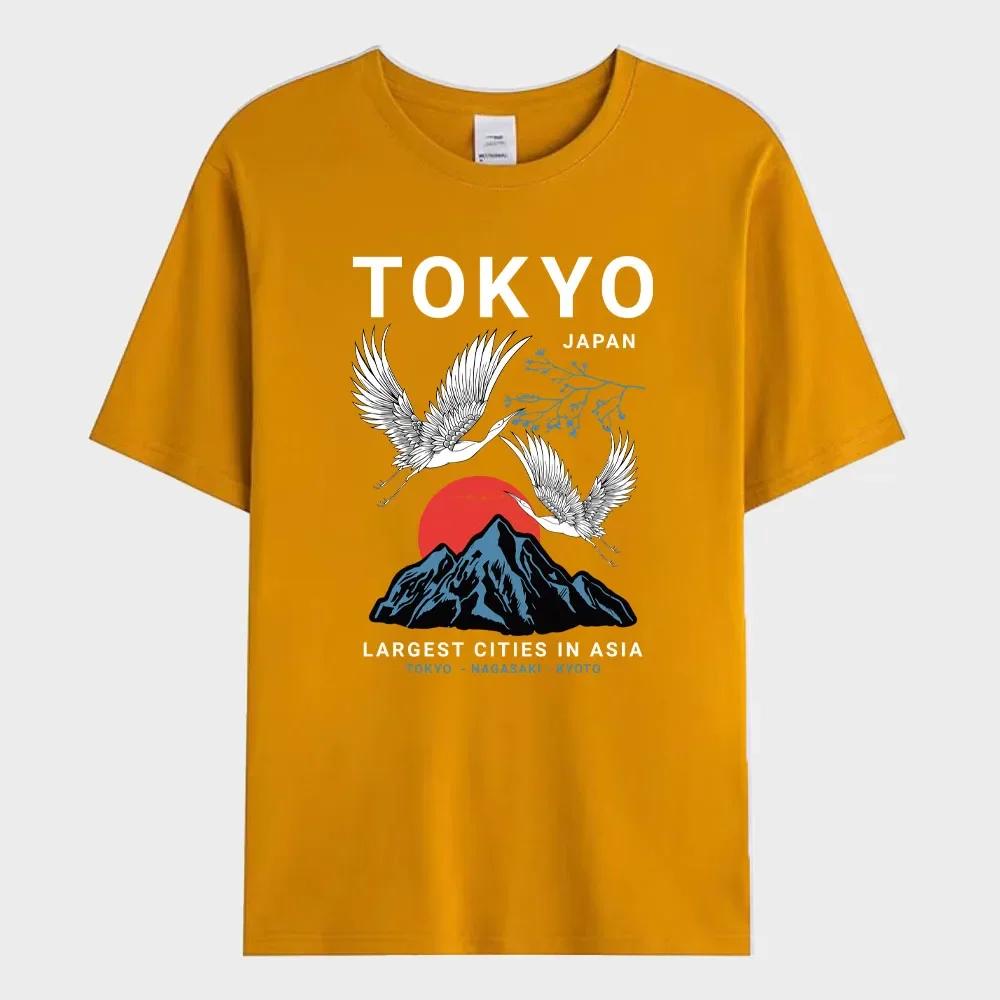 Summer Men's T-shirt Japan Tokyo Flying Crane Printed T-shirt Fashion Street Short Sleeve Oversized Tee Shirt Men Clothes