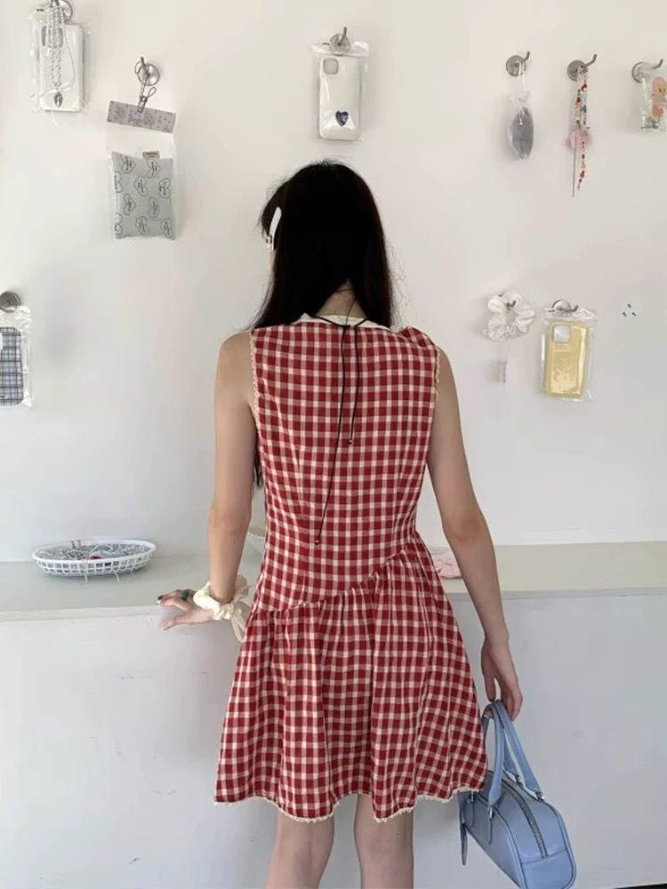 French red plaid dress women's summer new fashion design sense strap waist sleeveless short a-word skirt