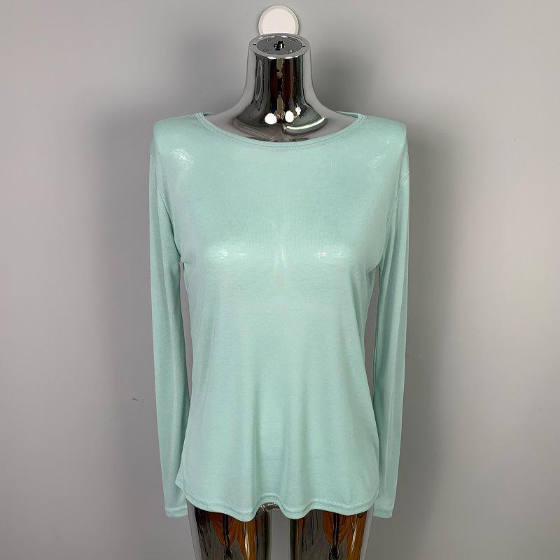 Women's Refreshing Mint Green Sheer Long-Sleeve Round Neck T-Shirt with Same-Day Shipping