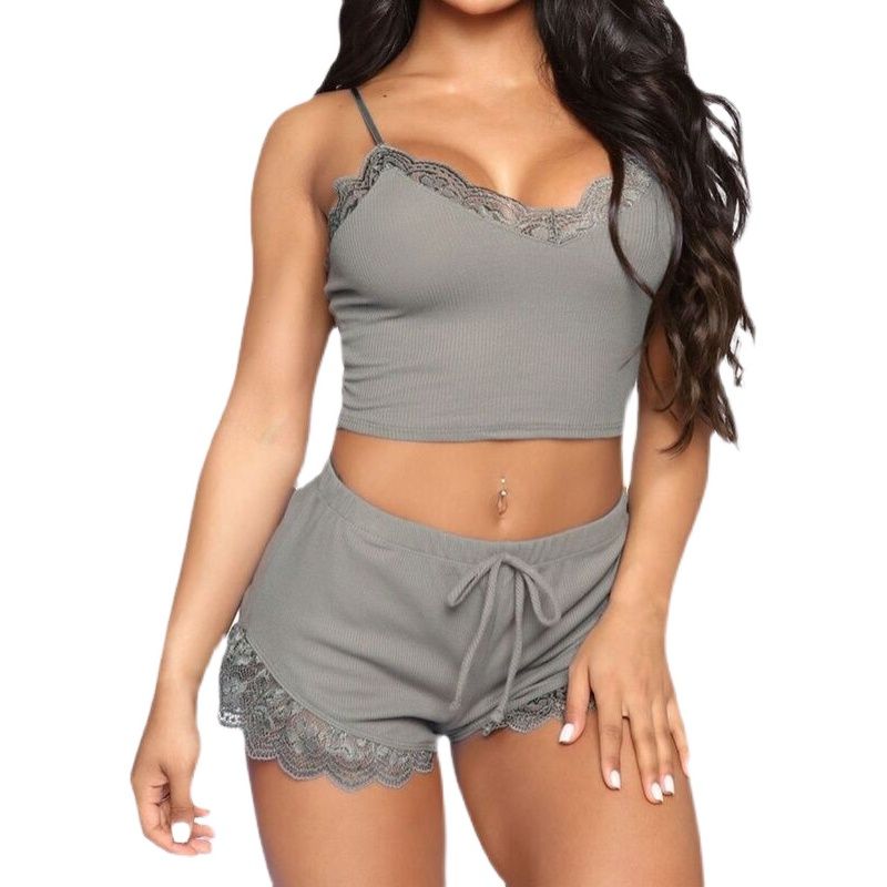 New Arrival Women's Export Pajamas Pure Color Suspenders Pullover Lace Lace Homewear Plaid Sexy Pajamas Two-piece Set