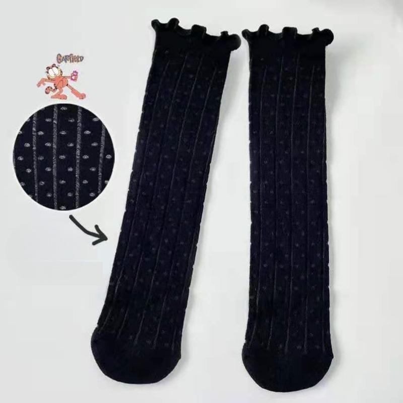 

Носки с рюшами из черного гриба для женщин, тонкие носки до середины икры, весенне-летние кружевные чулки в горошек, кружевные студенческие носки для дам 1 pair чёрный