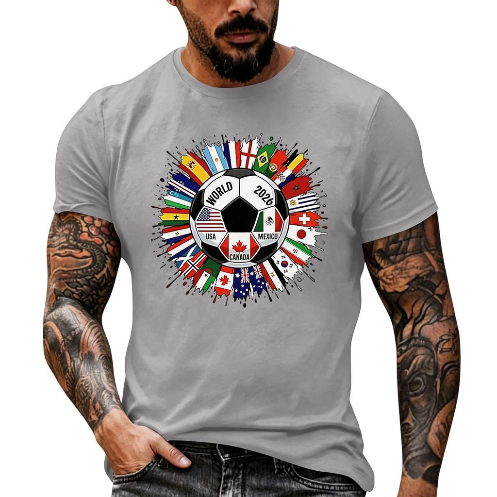 Men's Basic Crew Neck Short Sleeve T Shirt Loose Fit Casual Summer Top Soccer Ball and International Flags Graphic Print