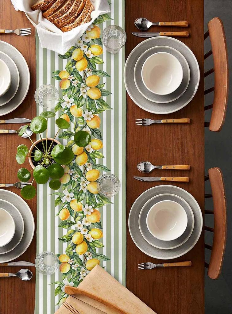 Summer Lemon Fruit Flowers Linen Table Runner Dresser Scarf Decor Green White Striped Table Runners Holiday Kitchen Party Decor