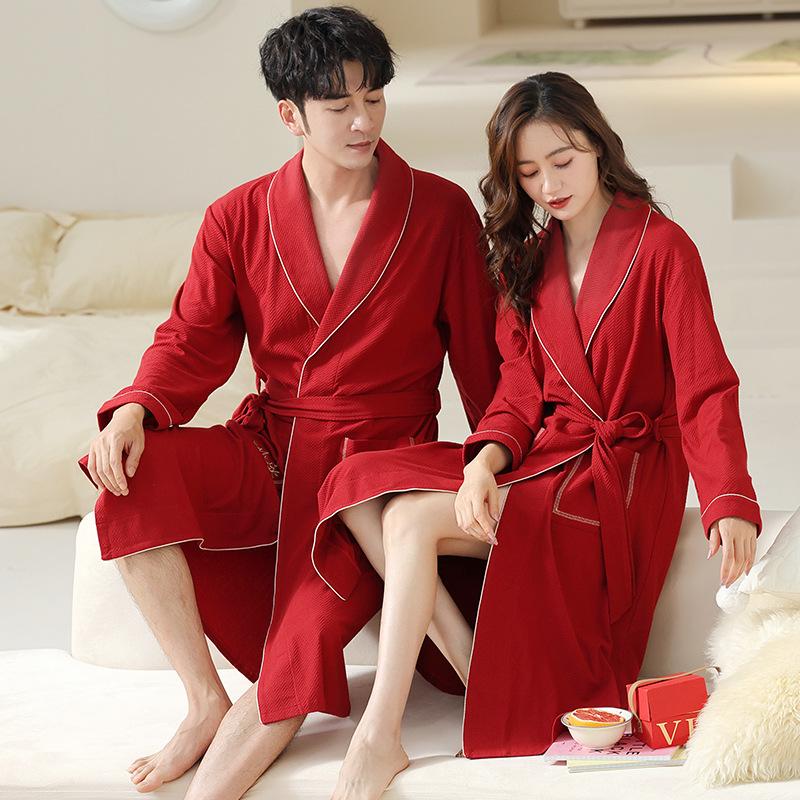Couple Pajamas Women'S Spring And Autumn Cotton Long-Sleeved Nightgown Bridal Dressing Gown Bathrobe Men'S Big Red Wedding Suit