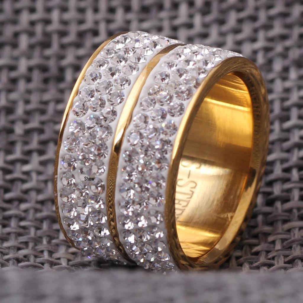 Stylish 12MM Stainless Steel Double Row Rhinestone Ring