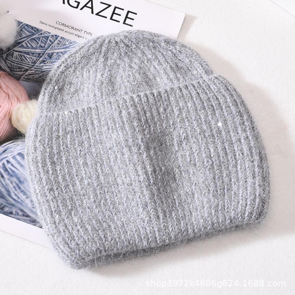 Autumn/Winter New Angora Long Plush Rabbit Fur Knit Hat, Casual Belt with Small Sequins, Warm, Thickened, Couple's Knit Hat
