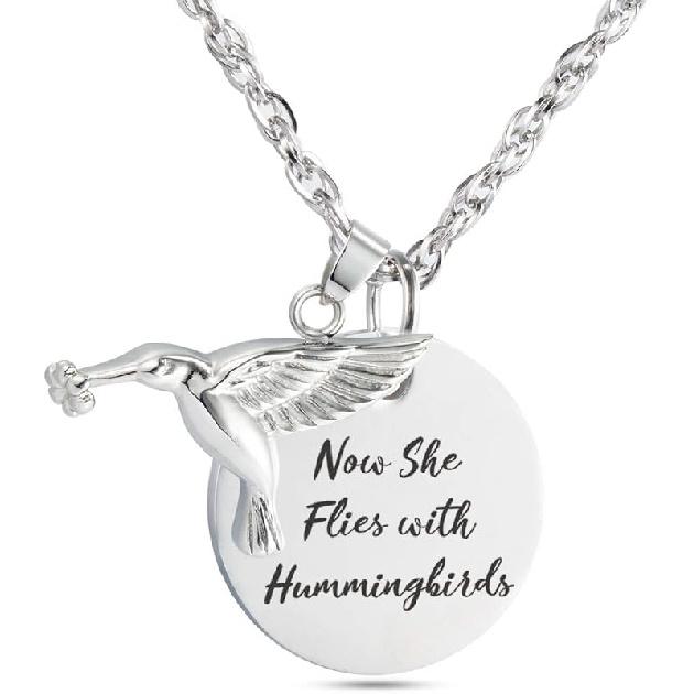 Now She Flies With Hummingbirds Urn Necklace Cremation Jewelry Stainless Steel Memorial Pendant for Ashes She