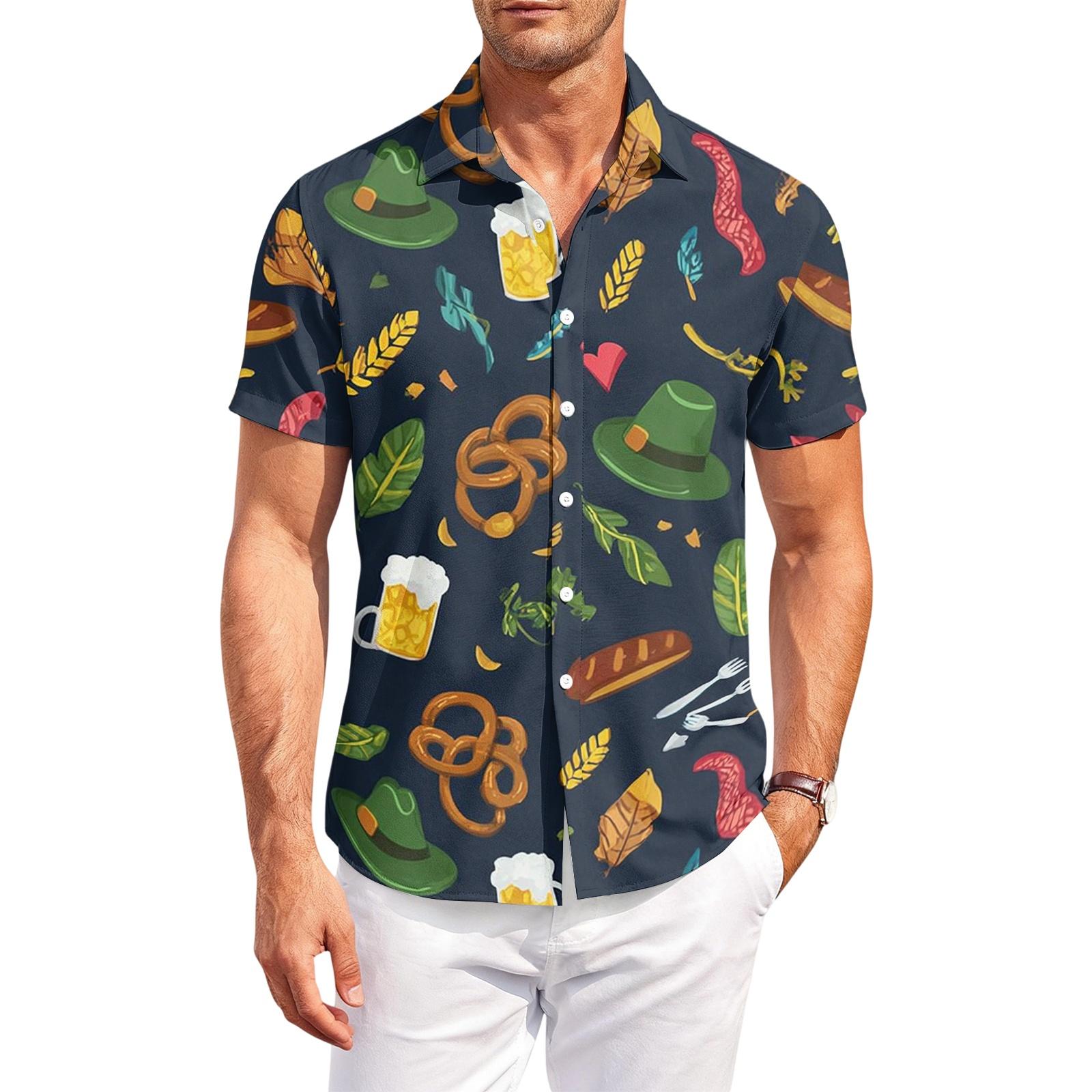 

Men s Casual Loose Fit Short Sleeve Shirt with Beer Festival Print Button Down Collar Summer Top for Outdoor Activities and Daily Wear XXL тёмно-синий