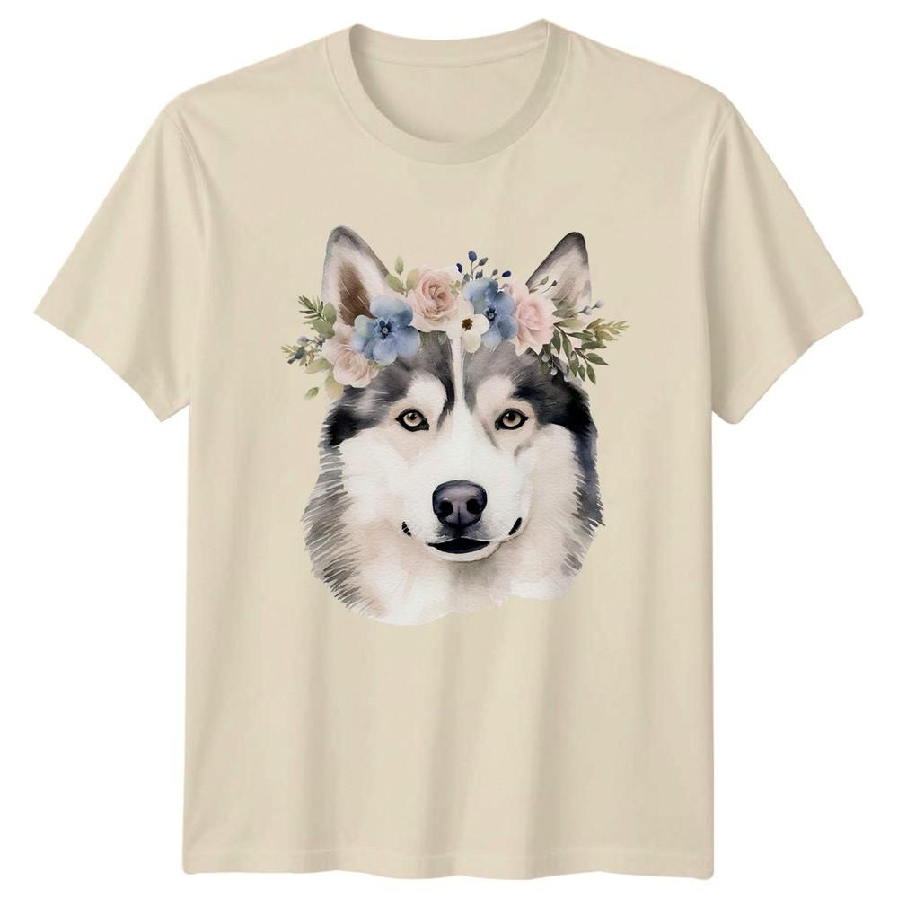 Watercolor Siberian Husky Dog With Unisexs TShirt Flower Crown Pet Portrait