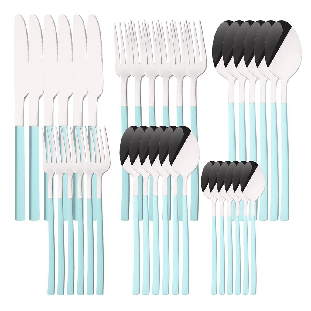 36Pcs/6Sets Mint Gold Cutlery Set Mirror Stainless Steel Flatware Knife Dessert Fork Tea Spoon Dinnerware Kitchen Restaurant Tableware