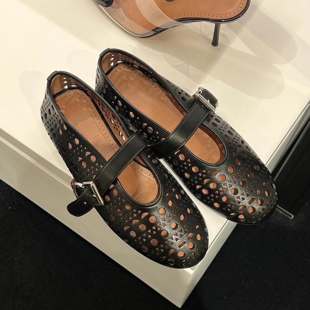 Sheepskin version~ Genuine leather hollowed-out soft-soled Mary Jane single shoes for women with French flats, ladyshoes, breathable sandals