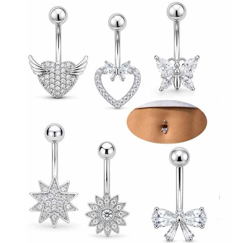 Stainless Steel Belly Button Ring Shiny Heart Zircon Dangle Hypoallergenic Navel Piercing Jewelry for Women Daily Party Wear