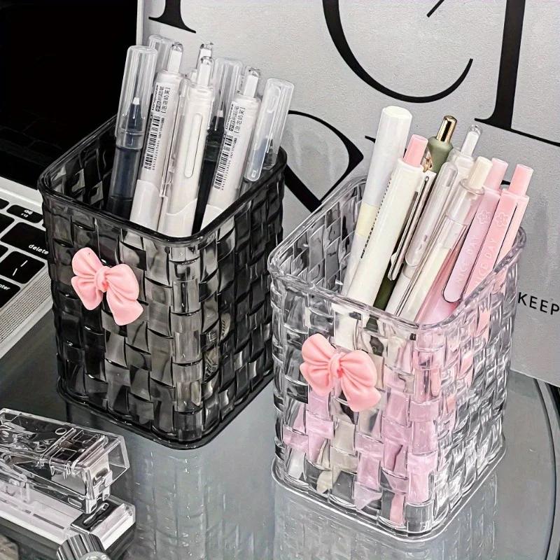 1pc Clear Acrylic Desk Organizer with Bow Accent-Durable Pen Holder and Storage Basket for Office Supplies,Pens,and Accessories