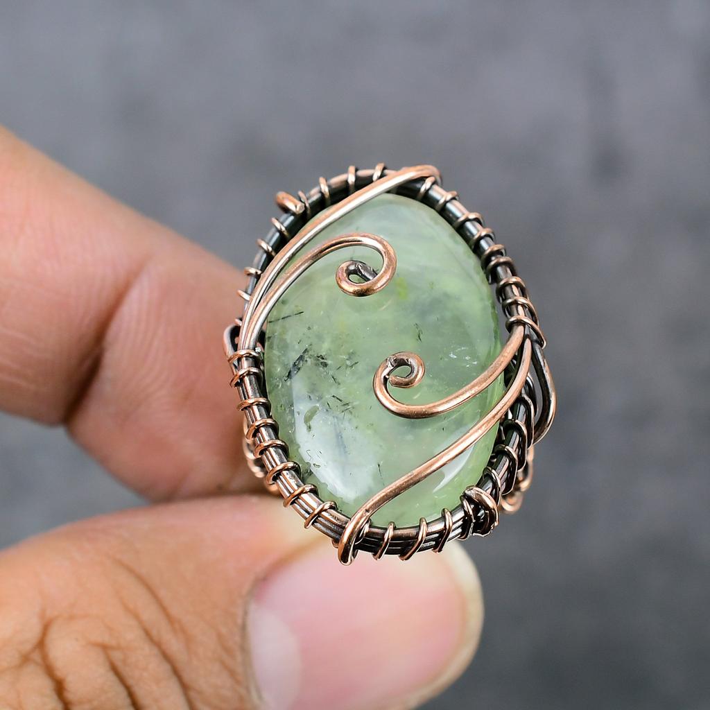 Natural Prehnite Gemstone Copper Wire Wrap Gift Jewelry Ring Size 6.5 ET-3447