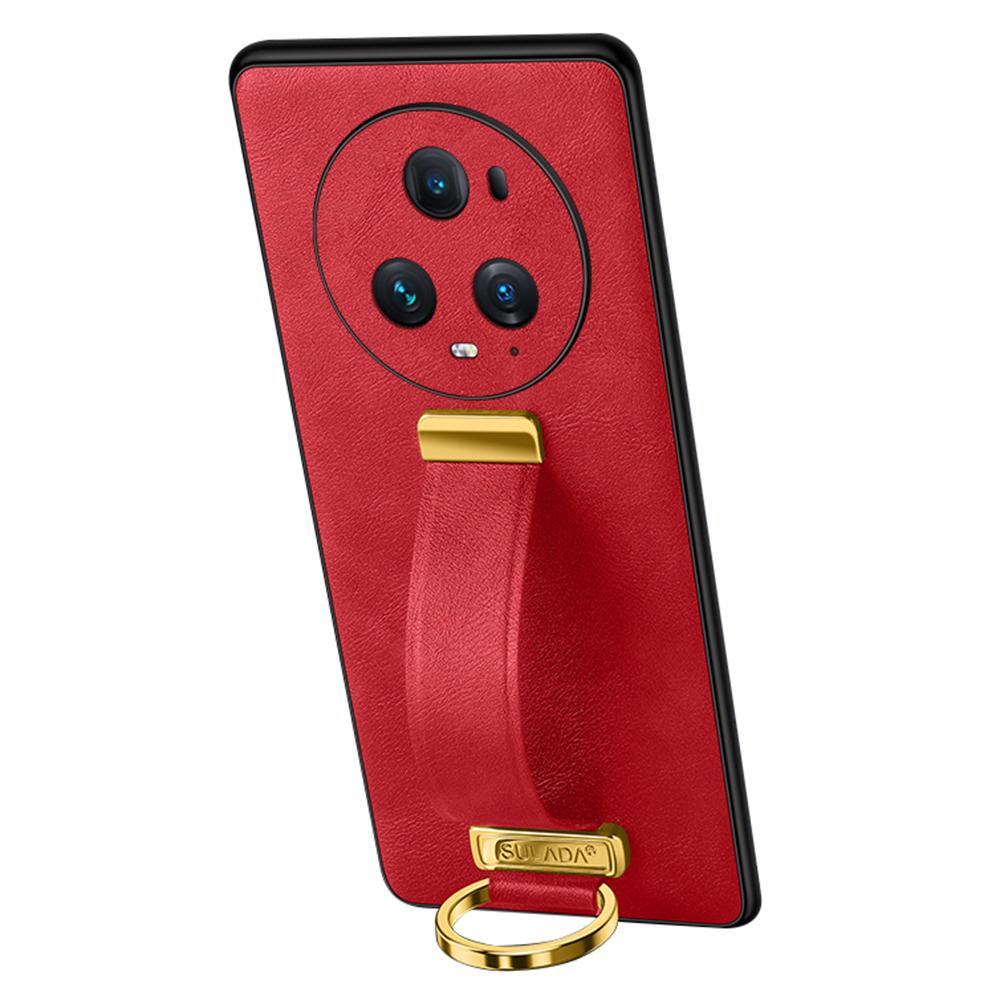 SULADA Fashion Series for Honor Magic5 Pro Crazy Horse Texture Leather Coated PC+TPU Cover Hand Strap Kickstand Phone Case