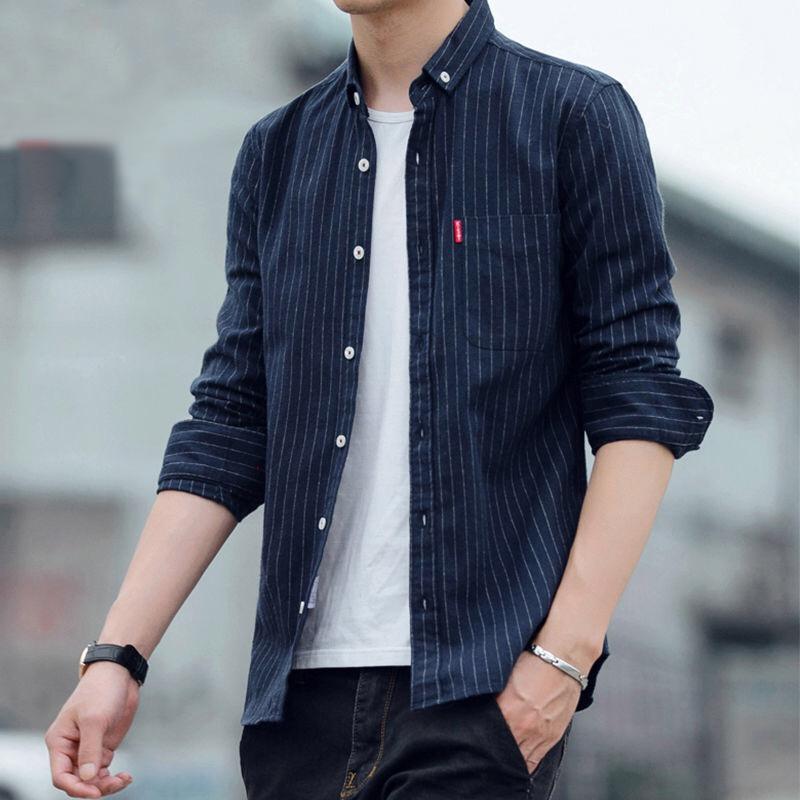 Hongxinjie Men's Casual Striped Long-Sleeve Shirt - Light Business Korean Style for Spring and Autumn