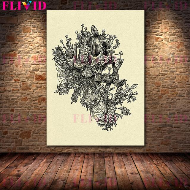 Baba Yaga Swamp Cottage and Pest Doctor Vintage Wall Art Canvas Printed Jungle Witch Magic Animal Elements Art Poster