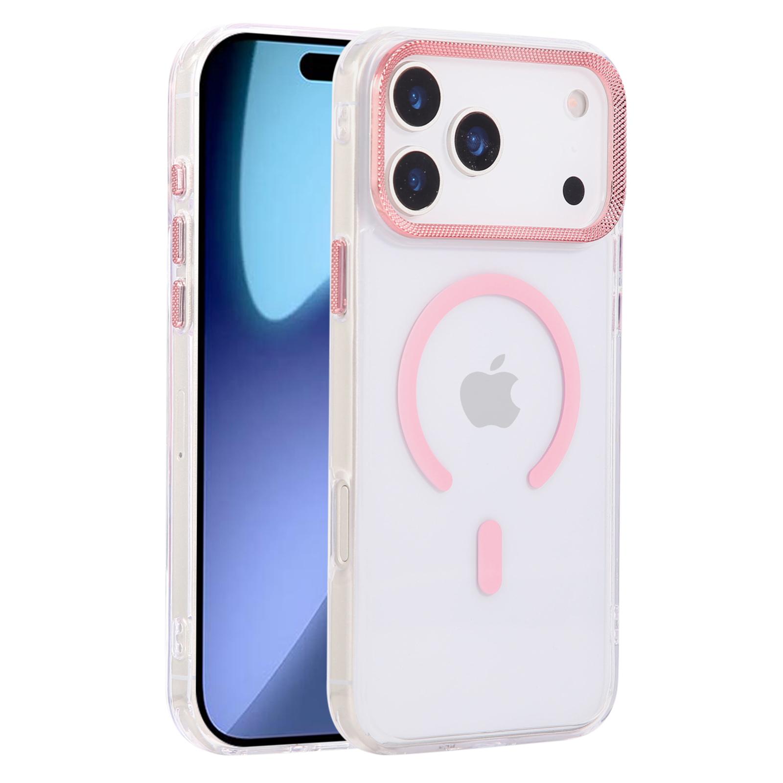 

For iPhone 17 Pro Max Case Compatible with MagSafe PC+TPU Clear Phone Cover with Diamond Texture Lens Frame Pink