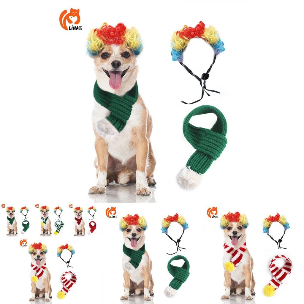 Festive Knitted Christmas Scarf For Pets Featuring Colorful Cartoonish Wig Design For Dogs