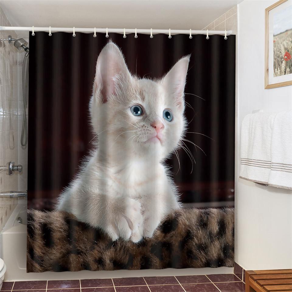 Cat Brushing Teeth Shower Curtain Bathroom Product Waterproof Durable Polyester Fabric Room Decoration cortinas With 12pcs Hooks