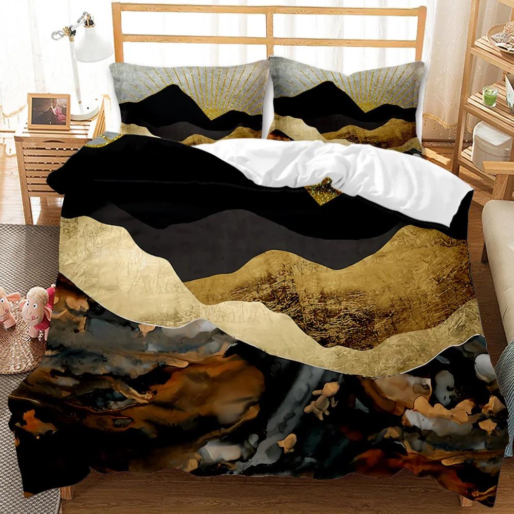 Marmor Dynetrekksett Svart Hvit Gull Abstrakt Marmortekstur Trykt Svart Hvit Dobbel Queen King Size Polyester Sengetøysett