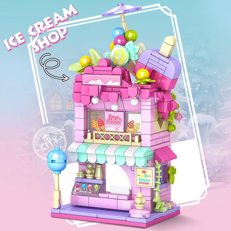 City Building Blocks Ice Cream Shop Dessert House Model Set Desktop Decor Kids DIY Toys Christmas Birthday Gift