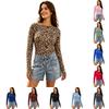 Dames Lange Mouwen Ronde Hals Basislaag Top Luipaardprint en Kleur Stretch Slim Fit Shirt