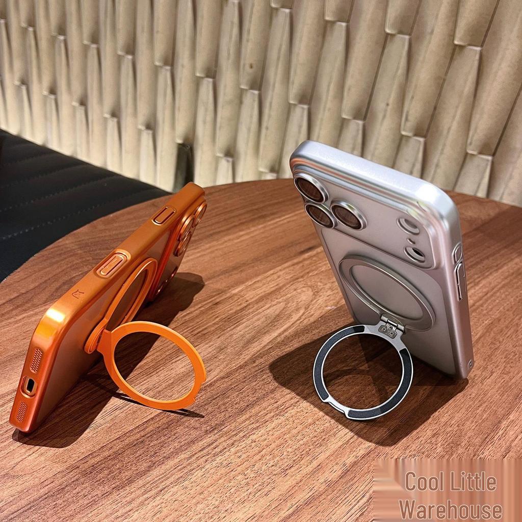 Frosted Electroplated Magnetic Phone Case with Rotating Stand & Lens Protector for iPhone 17 Pro Max
