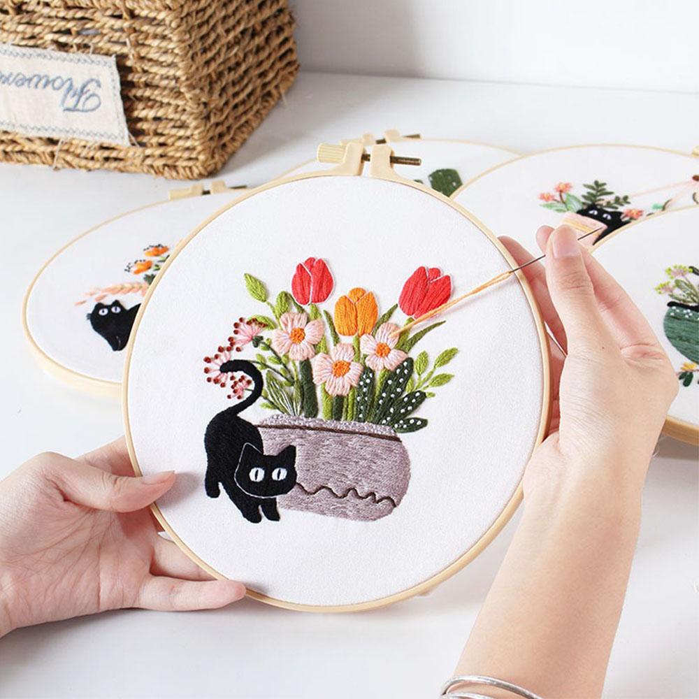DIY Embroidery Needlework Kit Tool For Beginners Home Sewing Handcraft Embroidered Set Dynamic Black Cat Pattern Wall Decoration