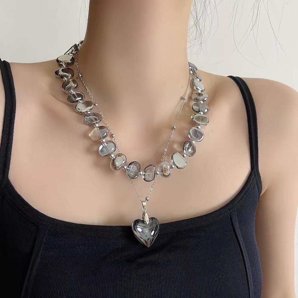 Waterdrop Crystal Beaded Necklace For Women Handmade Heart Pendant Double Layer Jewelry