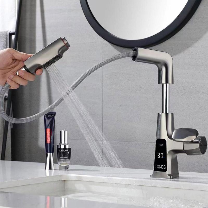 LED Digital Display Lift Pull Out Bathroom Basin Faucet Gray Brass Multifunctional Hair Wash Mouthwash Hot And Cold Mixed Tap