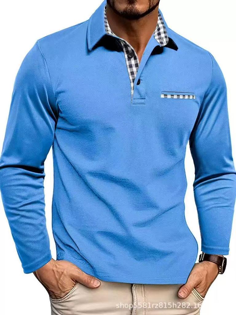 2026 New European and American Men's Casual Fashion Long-sleeved POLO Shirt, Foreign Trade Lapel Long-sleeved Color Matching T-shirt
