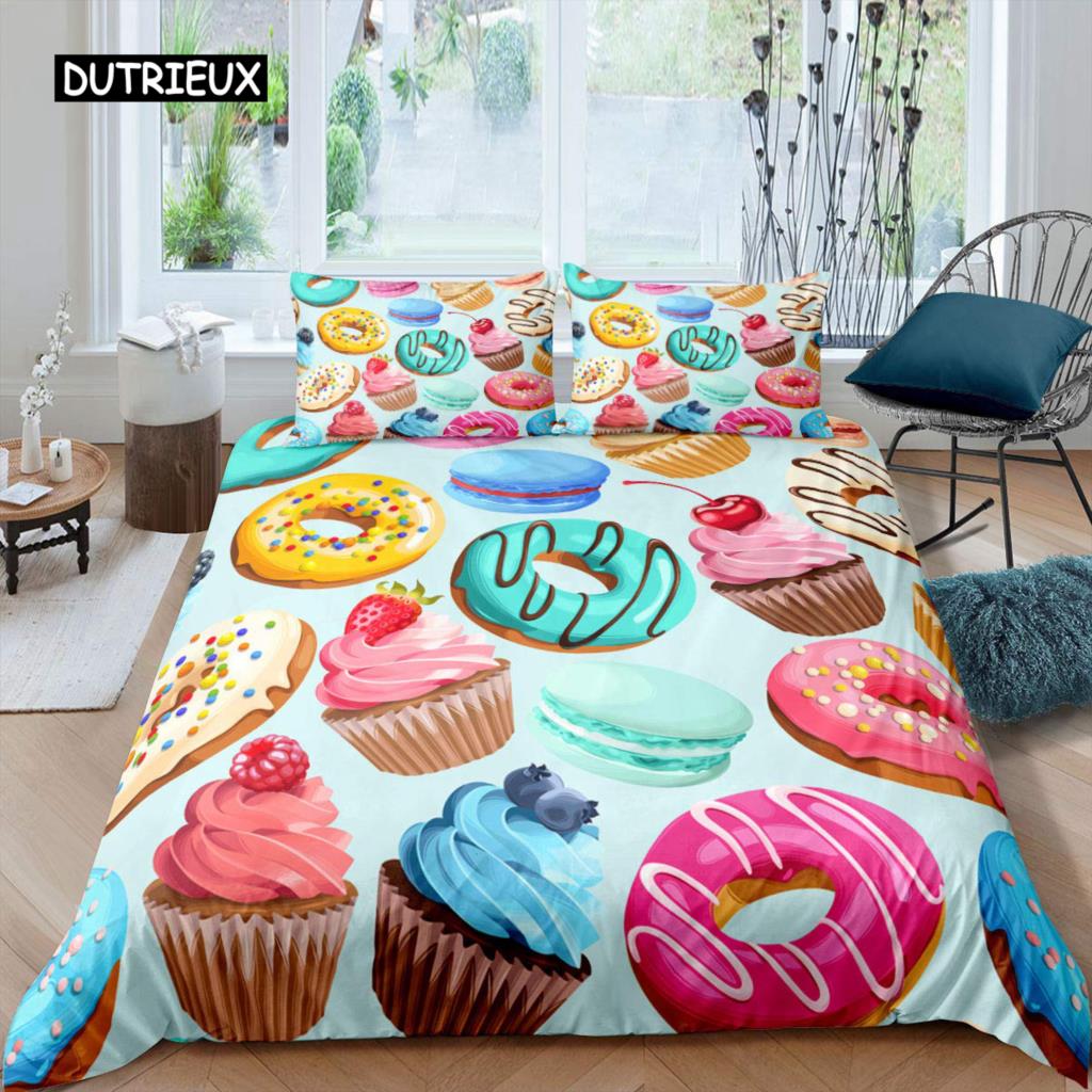 Kreskówkowy Król Królowa Poszwa na Kołdrę Deser Babeczka Lody Zestaw Pościeli Dziecko Szczęśliwe Urodziny Poliestrowa Poszwa na Kołdrę Prezenty dla Dzieci