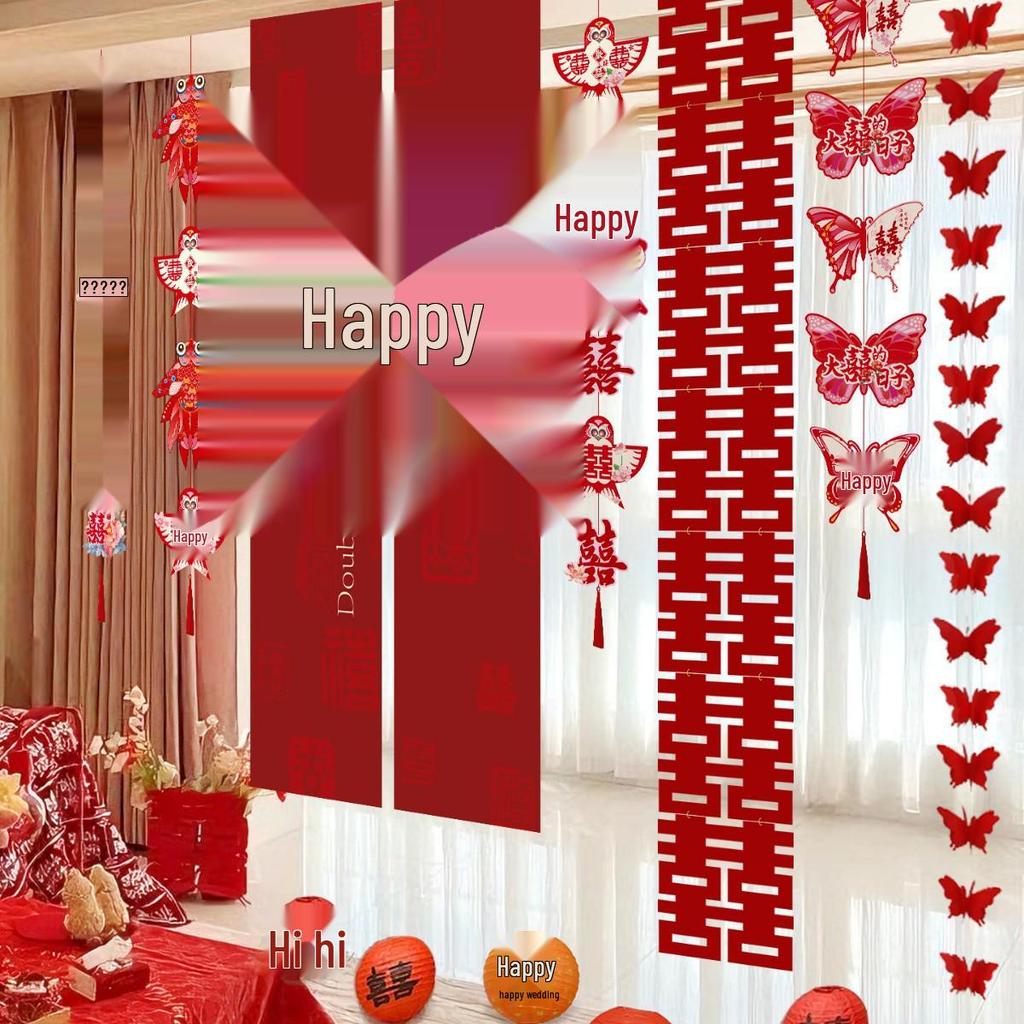 2025 Double Happiness Wedding Room Hanging Decor Set: Wall Decorations & Bride Living Room Flower Pulls