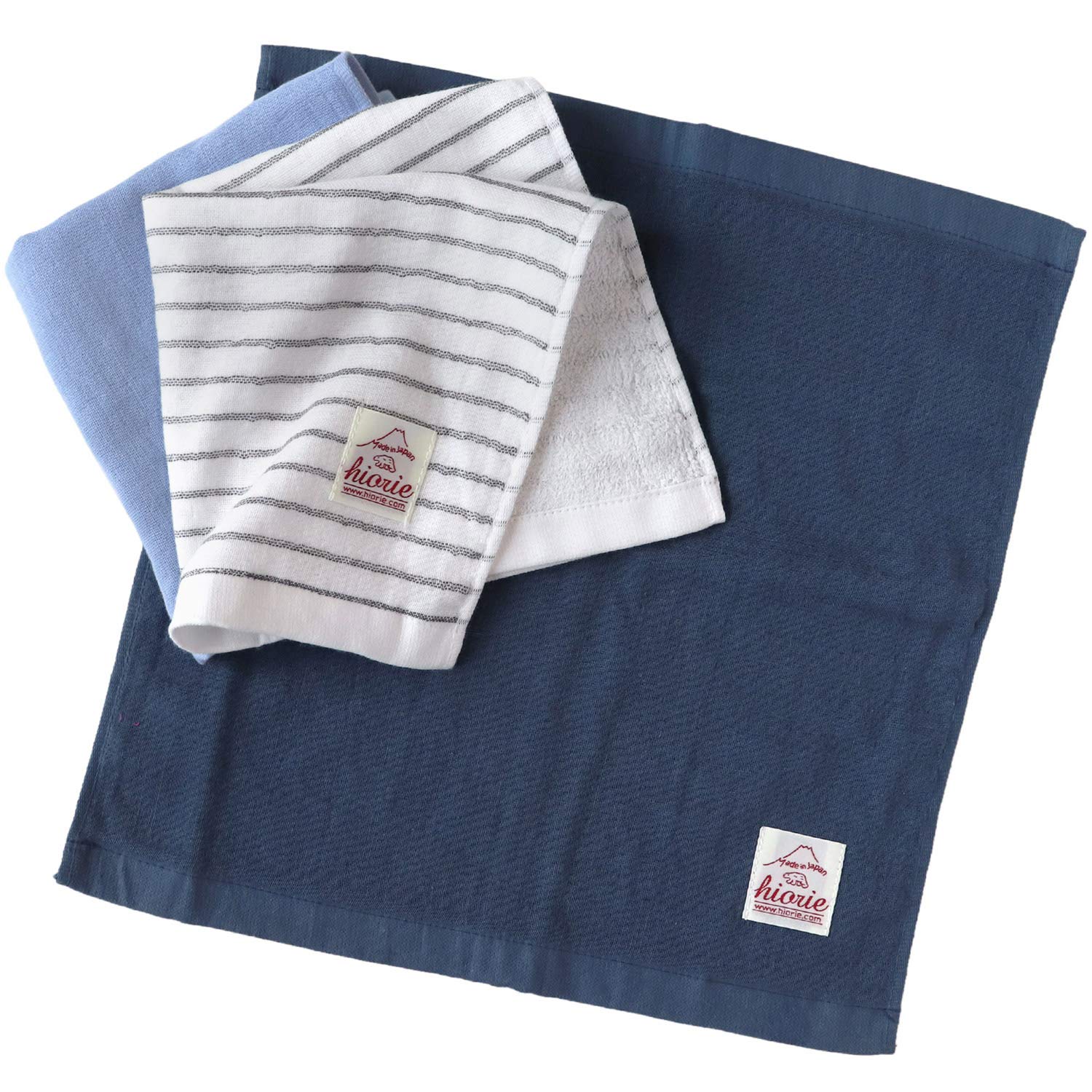 

hiorie Gauze Hand Set of Assorted 3 Colors Made in 34 x 34cm Denim-Colored Towels, 6, (01), Japan, Quick-Drying, Compact, Approx.